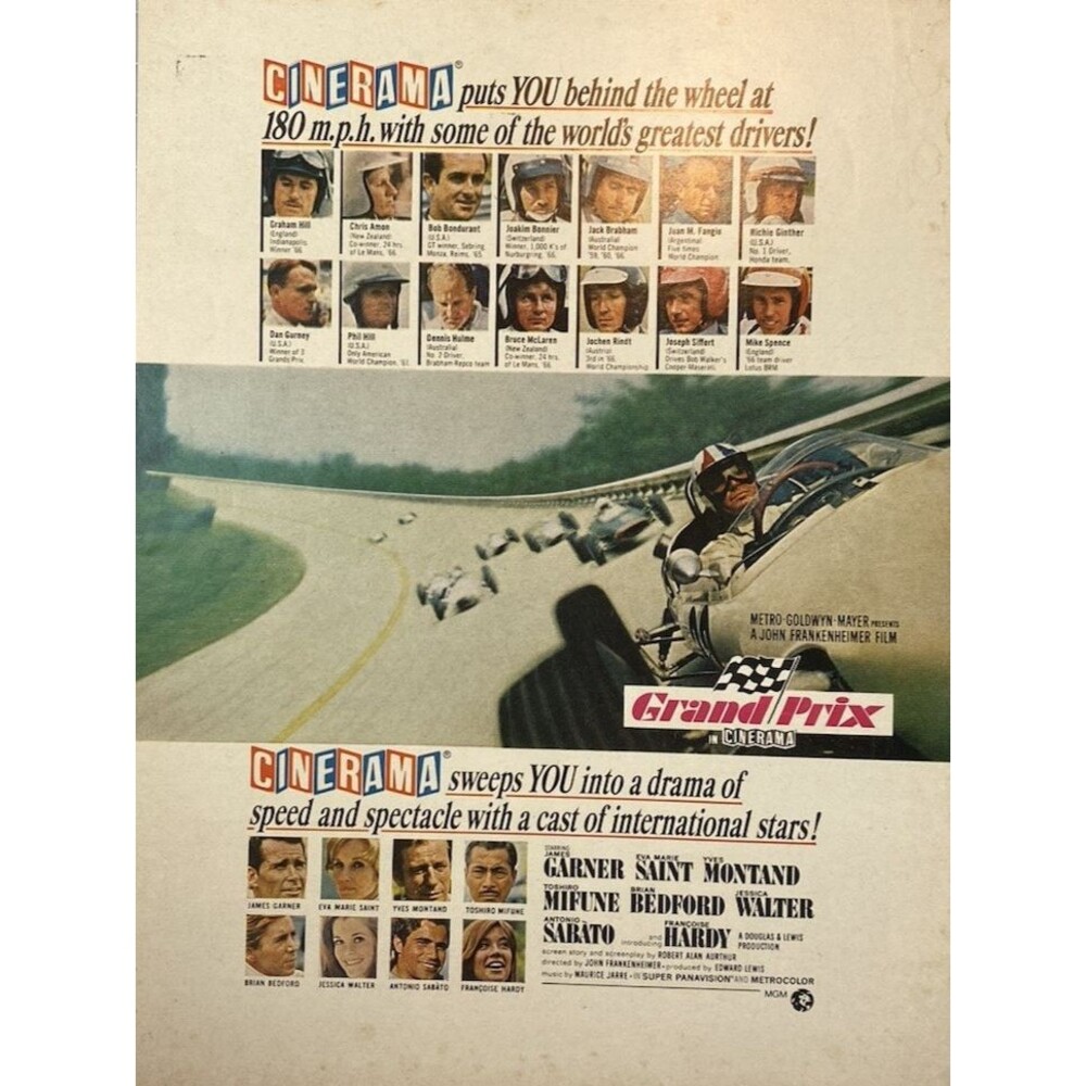 MGM Presents "Grand Prix" James Garner Eva Marie Saint Yves Montand Print Ad '67